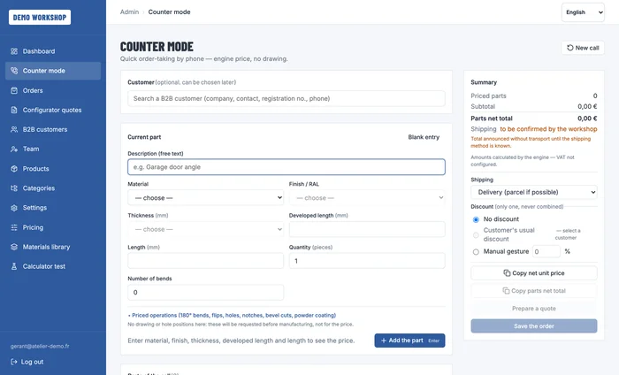Counter mode in the Koventor back-office: material, thickness, length and quantity fields, with the engine price summary