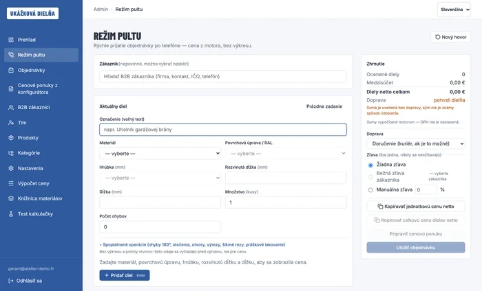 Režim pultu v back-office Koventor: polia materiál, hrúbka, dĺžka a množstvo so zhrnutím ceny z motora